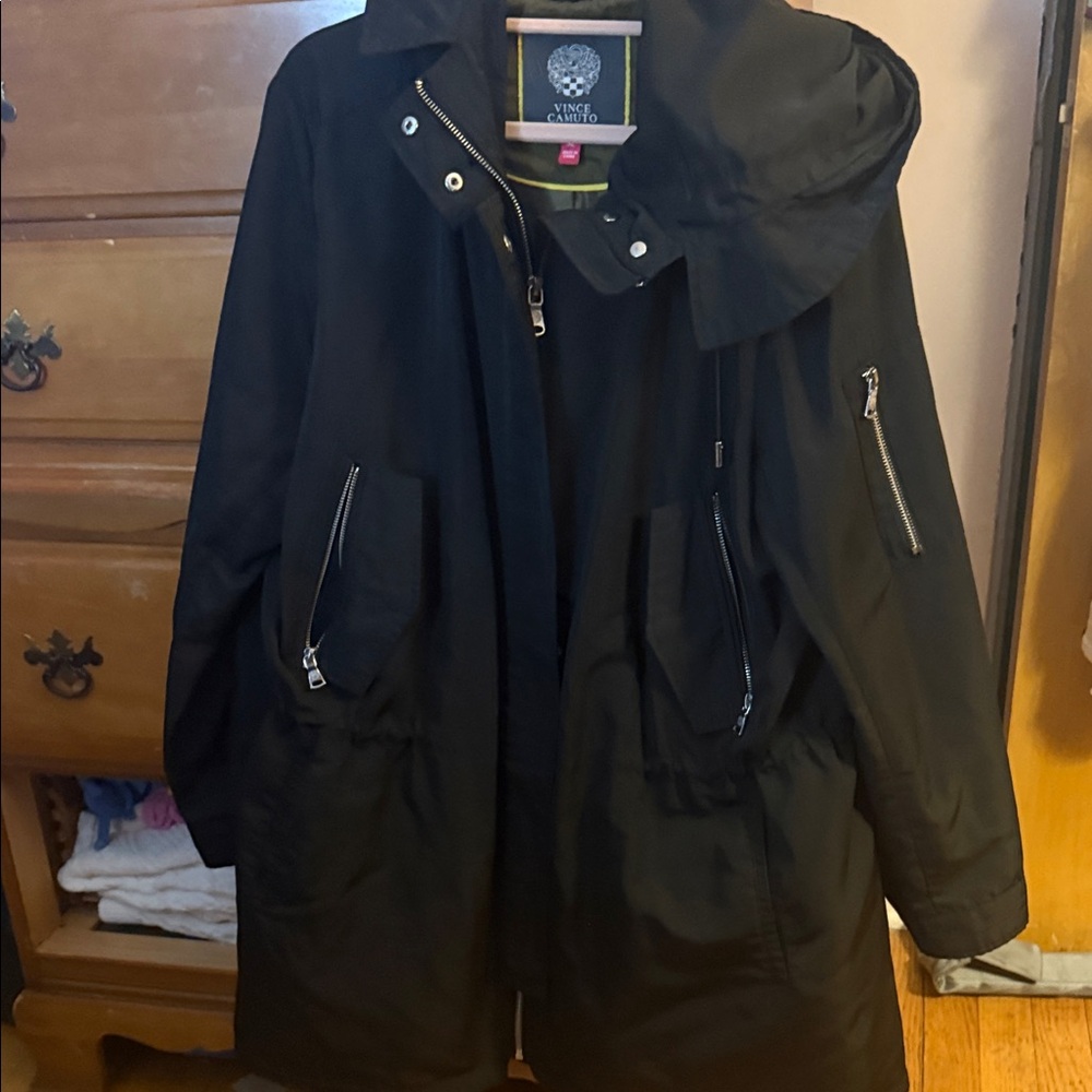 Vince Camuto Hooded Black/Olive Green Lined Rain Jacket MULTI POCKETS XL 14 EUC